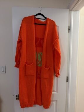 Bright Orange Long Open-Front Women's Cardigan Sweater